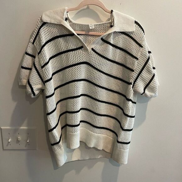 Old Navy White Black Knit Striped Collared Short Sleeve Sweater Top XXL Womens - Picture 2 of 11